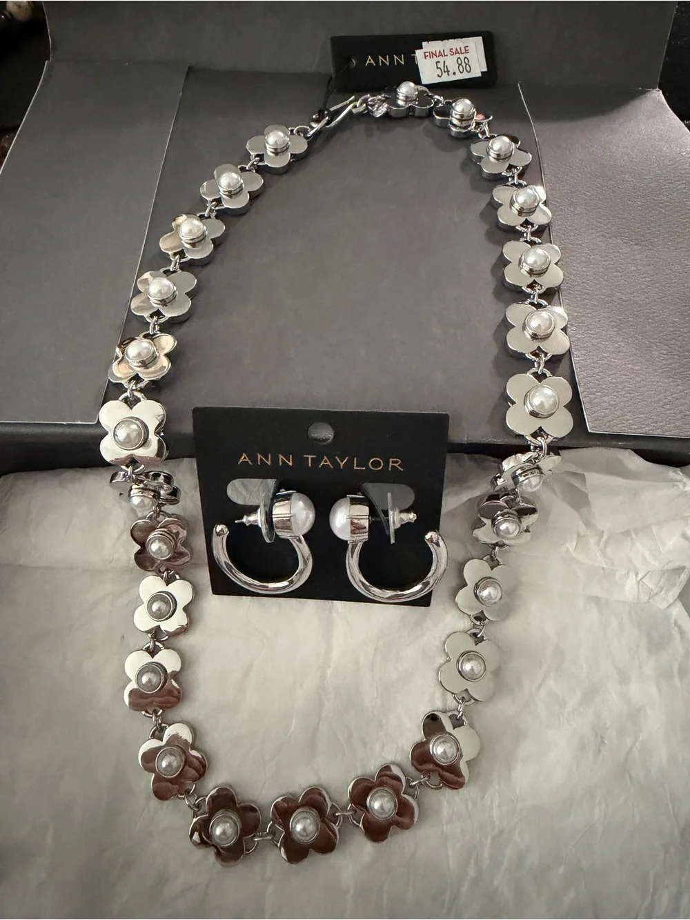 Ann Taylor Silver Floral Necklace and Hoop Earring Set - Picture 4 of 4